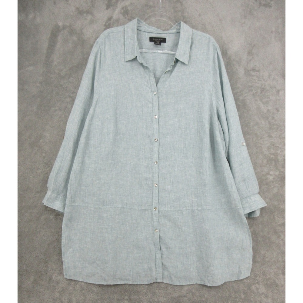 Tahari Shirt Womens Size 1X Linen Button Front Tunic Boxy Relaxed Lagenlook Blue